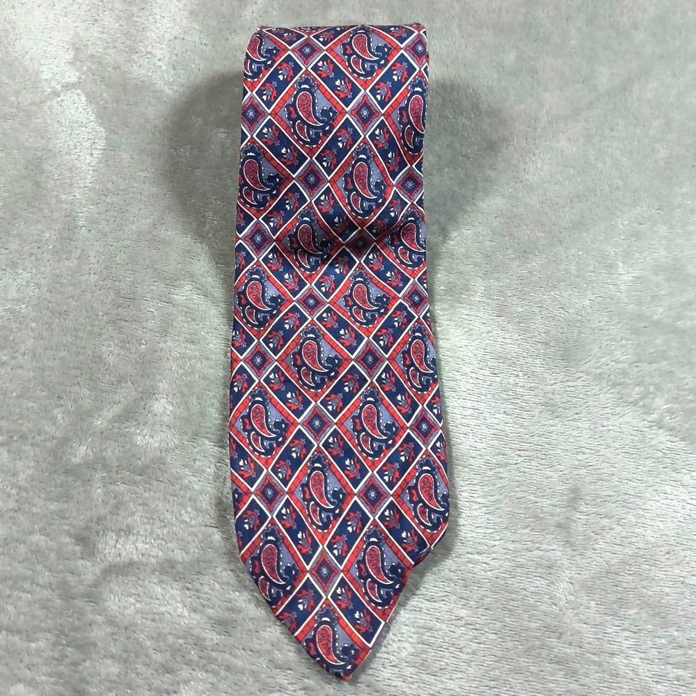 Vintage Christian Dior Tie Men 55x3.75 Red Blue Paisley Cravates Geometric Silk